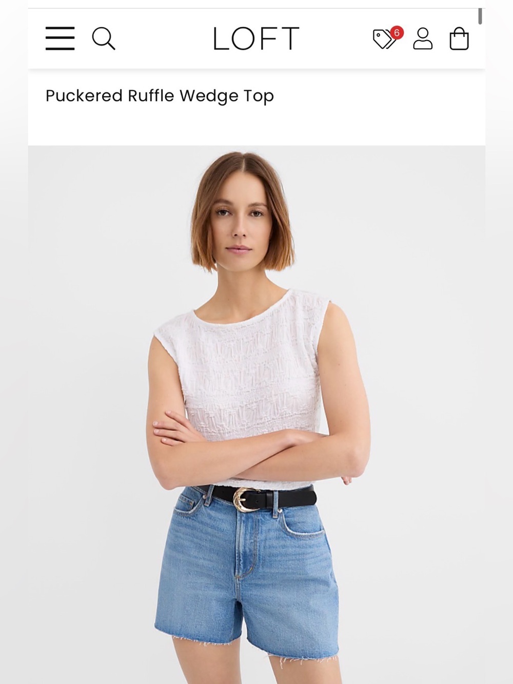 LOFT White Puckered Ruffle Wedge Top